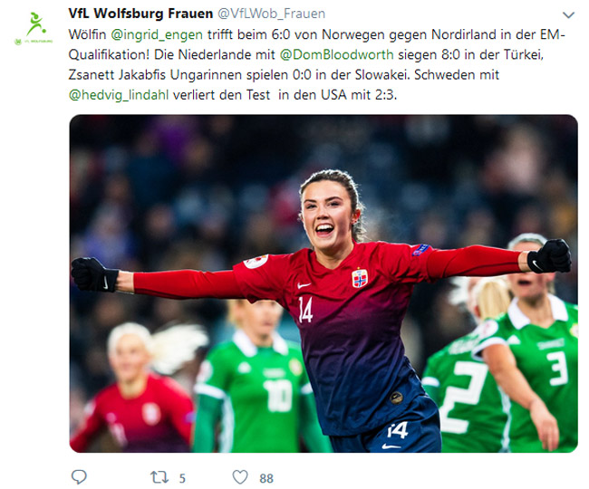 Twitter-Post vom Kanal der VfL-Frauen mit der jubelnden Ingrid Engen. 