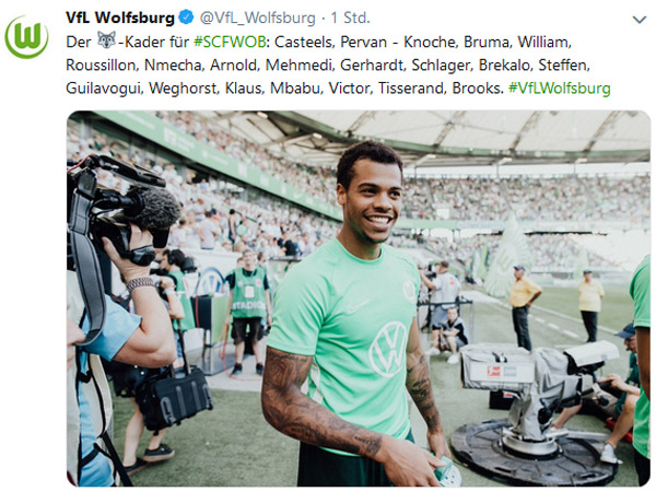 Twitter-Post zum Kader der Wölfe für das Spiel in Freiburg mit Lukas Nmecha.
