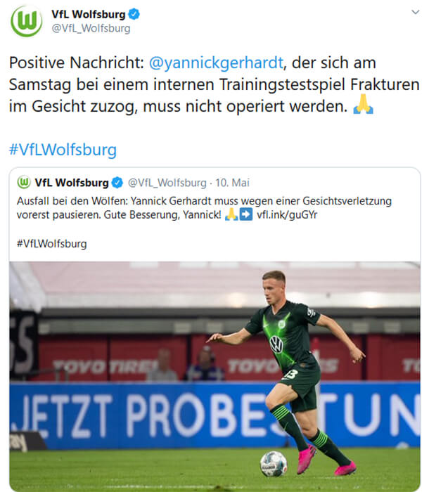 Twitter-Post zur Verletzung von Yannick Gerhardt. 