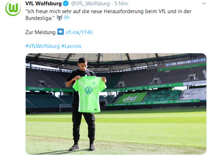 VfL Wolfsburg Twitter-Meldung zur Neuverpflichtung von Maxcence Lacroix.