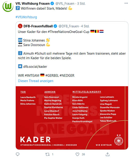 Twitter Beitrag des VfL Wolfsburg zur Kadernominierung der deutschen Nationalmannschaft.