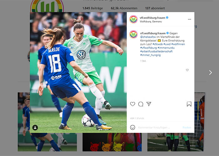 Ein Instagrampost des VfL Wolfsburg zeigt Ewa Pajor im UWCL-Viertelfinale gegen Chelsea.