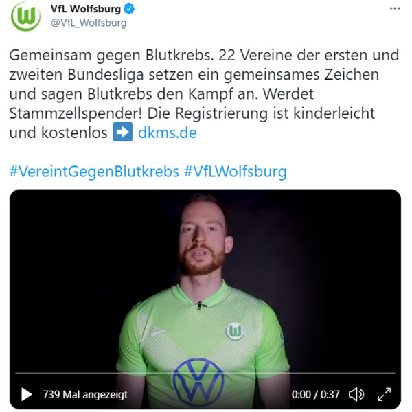 Ein Tweet des VfL-Wolfsburg für dkms. Es zeigt ein gemeinsames Zeichen gegen Blutkrebs.