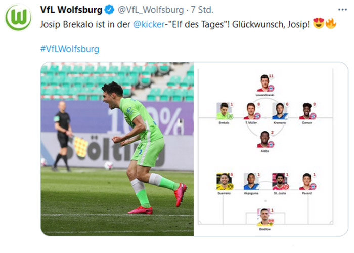 Twitter Beitrag zur Nominierung von VfL Wolfsburg Spieler Brekalo in die Kicker Elf des Tages.