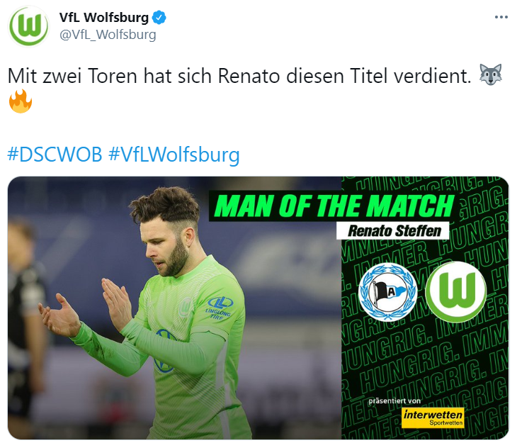 Tweet Man of the Match Renato Steffen.