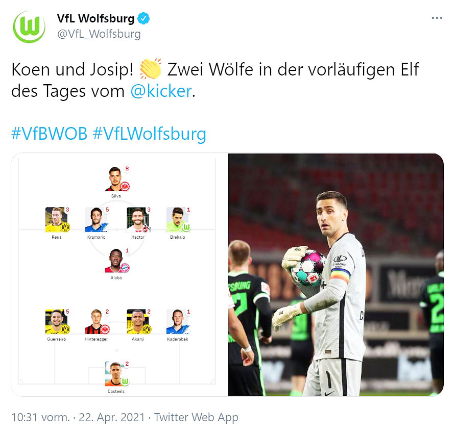 Tweet mit zwei VfL-Wolfsburg-Spielern in der Elf des Tages.
