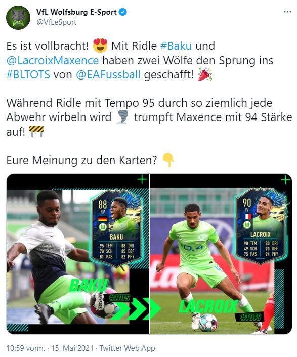 Tweet Nominierung VfL-Wolfsburg-Spieler in Fifa Mannschaft.