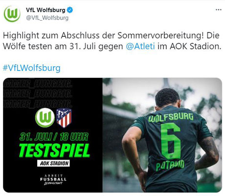 Tweet zum Testspiel des VfL-Wolfsburg gegen Atletico Madrid.