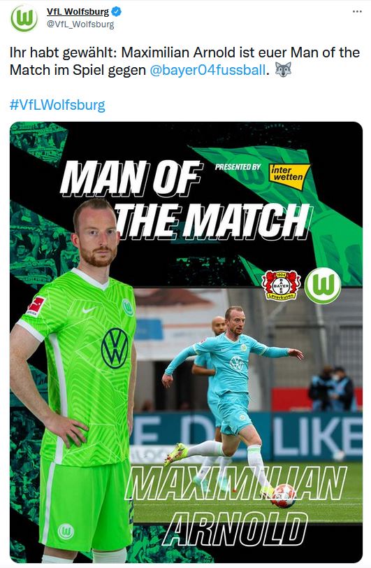 VfL Wolfsburg Twitterkanal-Screenshot zum Man of the Match gegen Leverkusen.