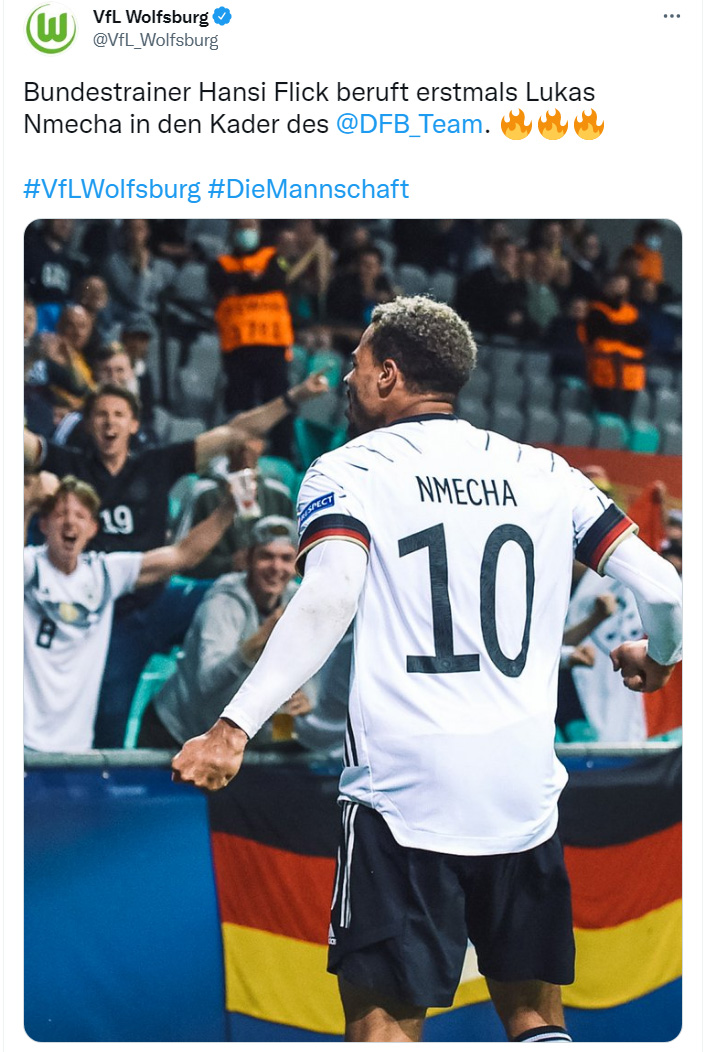 Tweet zur Nominierung von VfL-Wolfsburg-Spielers Lucas Nmecha in die Nationalelf.