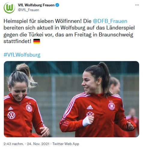 VfL Wolfsburg Twitterkanal Screenshot zu den Wölfinnen bei der deutschen Nationalmannschaft.