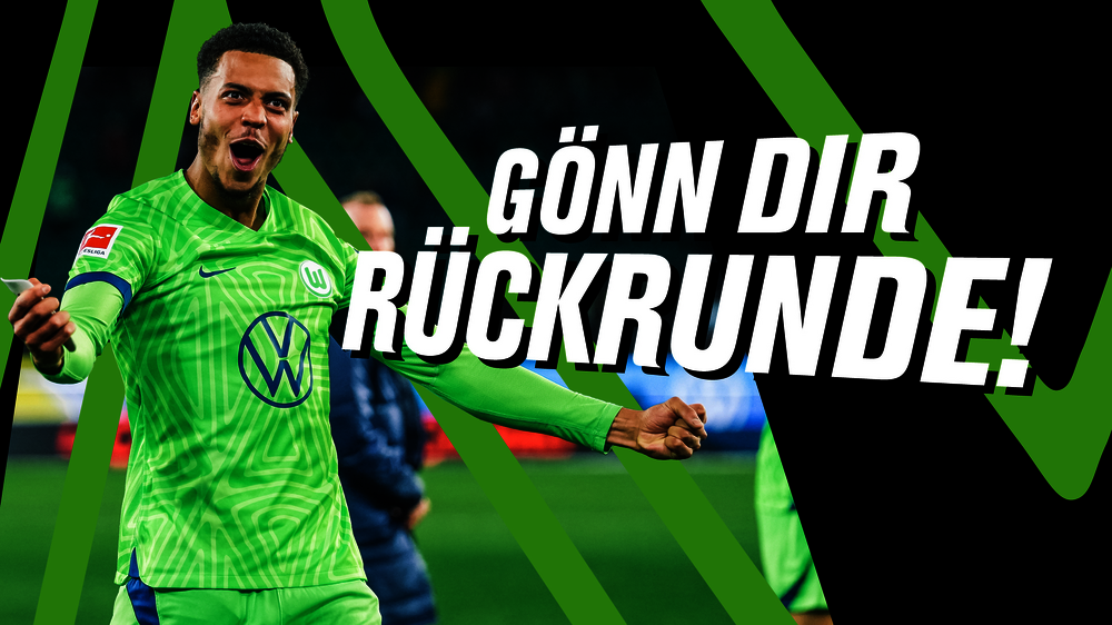 VfL-Wolfsburg-Spieler Felix Nmecha ballt die Fäuste und jubelt. Daneben steht der Schriftzug "Gönn dir Rückrunde".