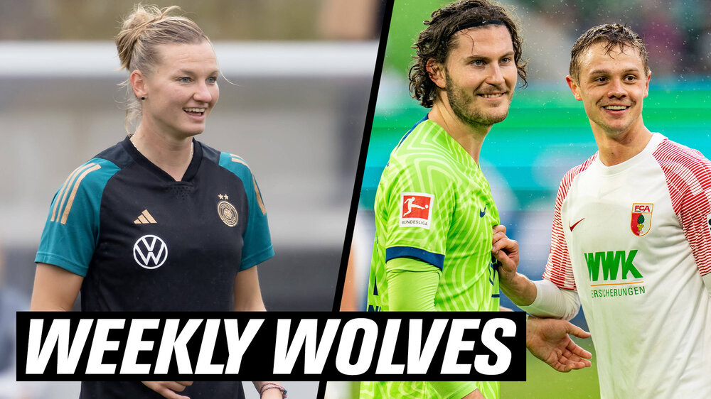 Eine Weekly Wolves Grafik mit VfL-Spielerin Alex Popp und VfL-Spieler Jonas Wind.