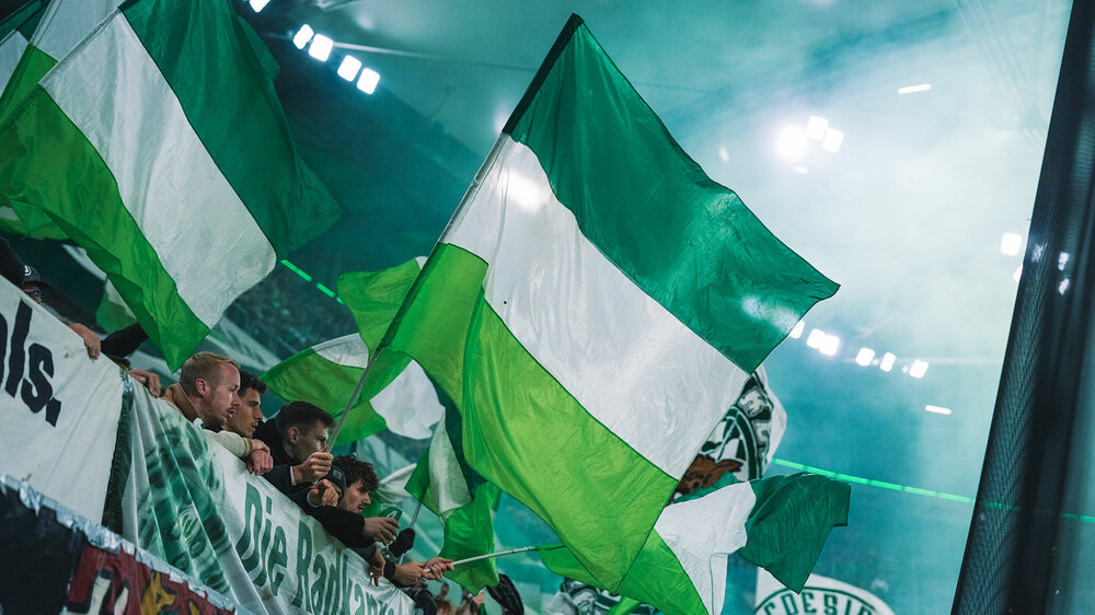 Fans des VfL Wolfsburg schwingen grün-weiße Fahnen.