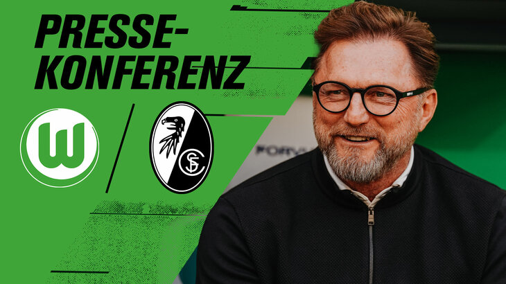Eine VfL-Wolfsburg-Grafik zur Pressekonferenz gegen Freiburg mit den Logos der Teams und Ralph Hasenhüttl.