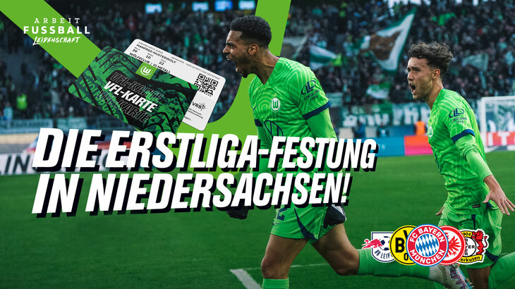 Eine VfL-Wolfsburg-Grafik zur Dauerkarte mit jubelndem Nmecha.