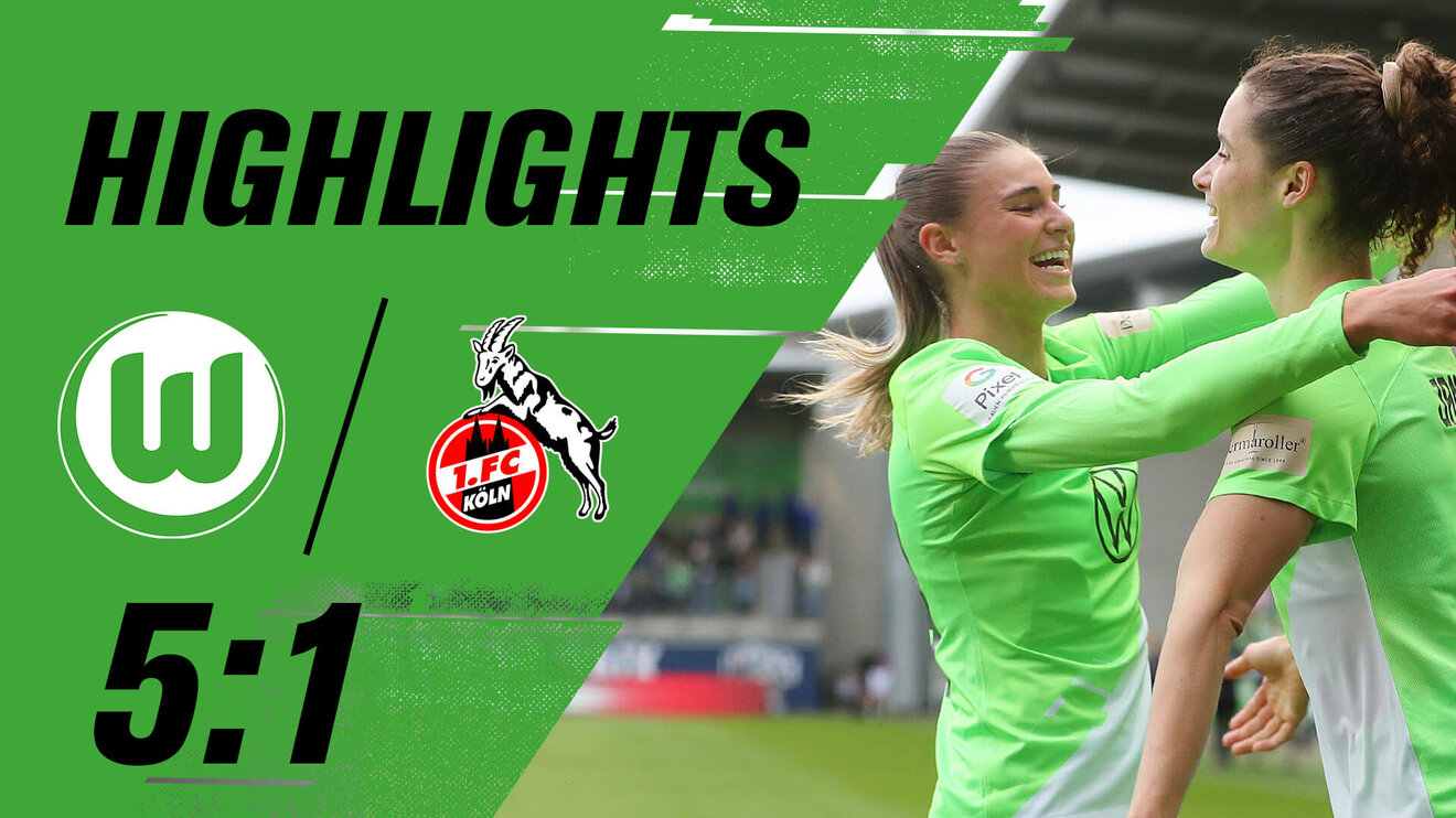 Eine VfL-Wolfsburg-Grafik zu den Highlights gegen Köln mit jubelnden Wölfinnen.