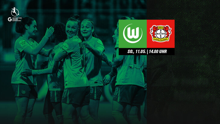 Die VfL-Wolfsburg-Spielerinnen jubeln. Daneben die Logos von Wolfsburg, Leverkusen und der Frauen-Bundesliga.