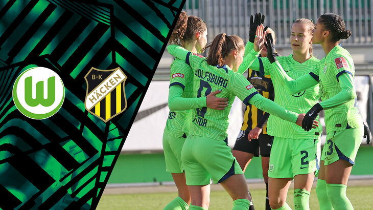 Die Spielerinnen des VfL Wolfsburg umarmen sich und bejubeln ihren Treffer. Links ist das Logo des VfL Wolfsburg und vom BK Häcken abgebildet.