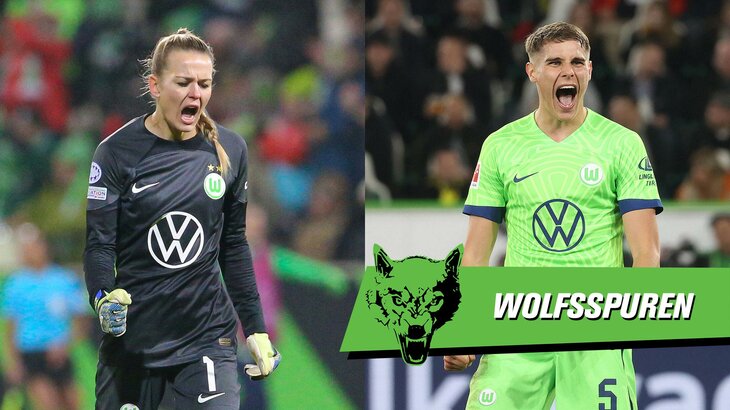 VfL-Wolfsburg-Spielerin Merle Frohms und VfL-Wolfsburg-Spieler Micky van de Ven jubeln.