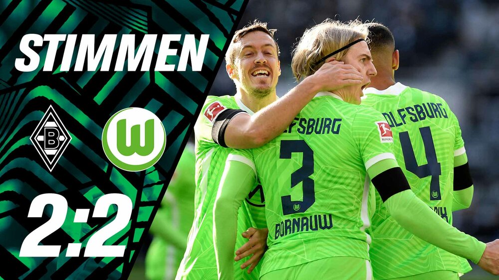 Eine Wölfe TV Grafik zum 2:2 gegen Gladbach. Links die Vereinslogos und der Spielstand, rechts jubelnde Spieler des VfL Wolfsburg.