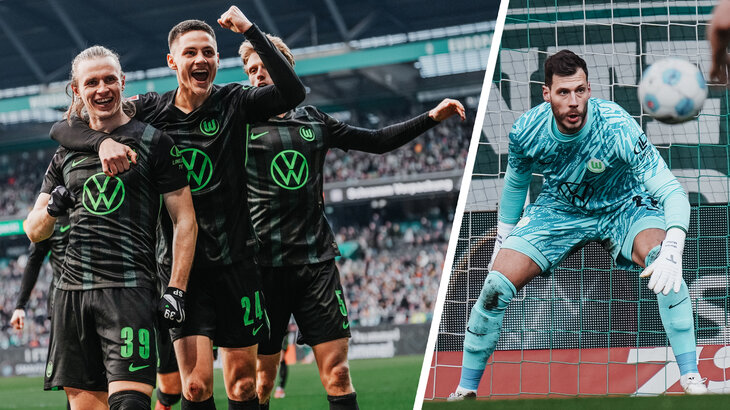 Die Spieler des VfL Wolfsburg jubeln. Daneben der VfL-Torhüter Marius Müller. 