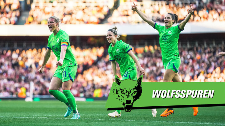 VfL Wolfsburg Wolfsspuren Grafik mit über den Platz rennenden und jubelnden Wölfinnen im Heimtrikot.