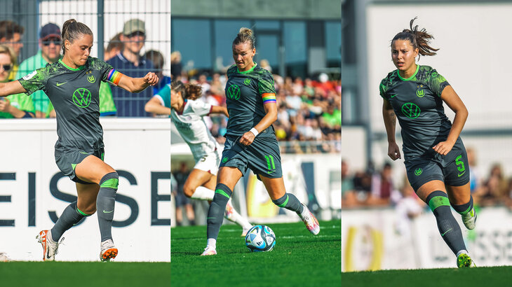 Collage von VfL-Wolfsburg-Spielerinnen Ewa Pajor, Alex Popp und Lena Oberdorf.