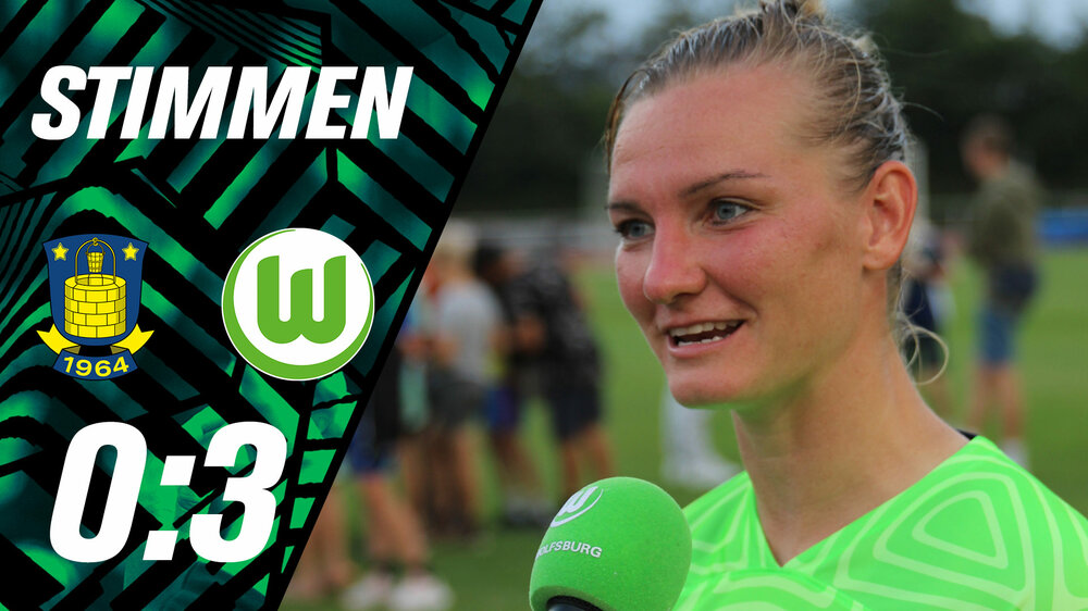 Alexandra Popp gibt ein Interview. Links sind die Logos von Brondby IF und dem VfL Wolfsburg.