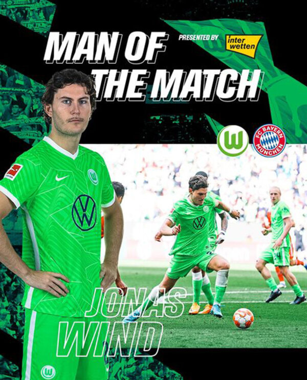 Eine Grafik für den Man of the Match des 34. Spieltags mit VfL-Wolfsburg-Spieler Jonas Wind.