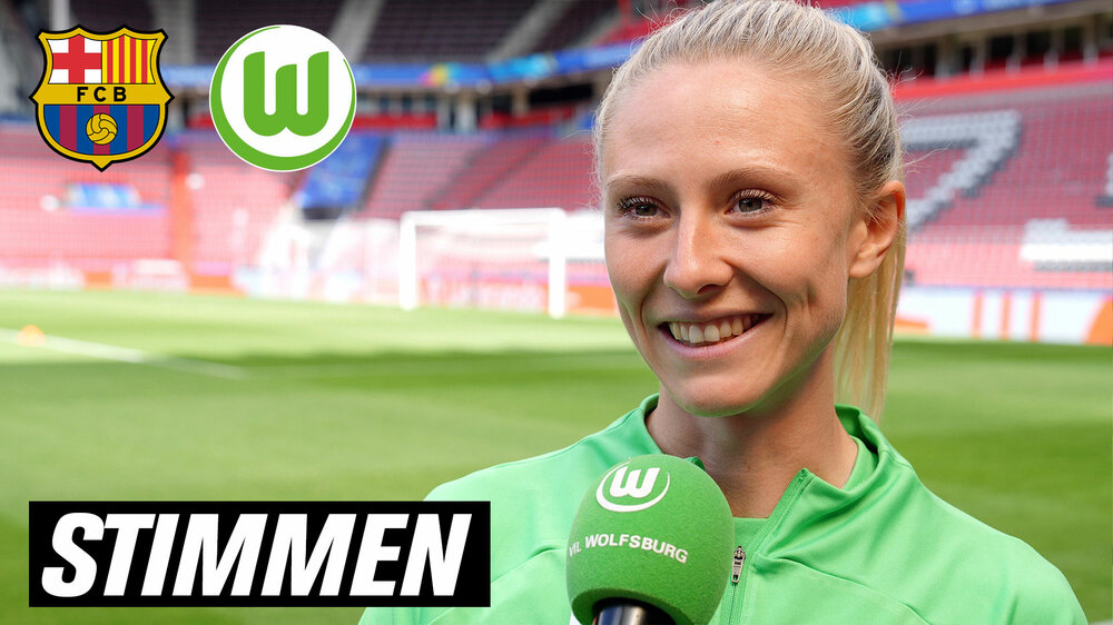 Die Stimmen der Frauen des VfL Wolfsburg vor dem UWCL-Finale in Eindhoven, auf dem Bild ist Rebecka Blomqvist vor dem Mikrofon.
