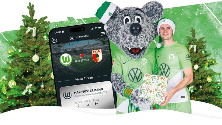 VfL-Wolfsburg-Weihnachtsgrafik mit Patrick Wimmer und Wölfi.