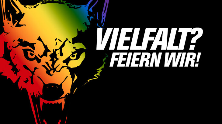 Banner zum Vielfaltsspieltag des VfL-Wolfsburg mit Wolf in Regenbogenfarben.
