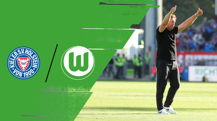 Der VfL-Wolfsburg-Trainer Ralph Hasenhüttl zeigt beide Daumen nach oben. Daneben die Logos des VfL und von Holstein Kiel.