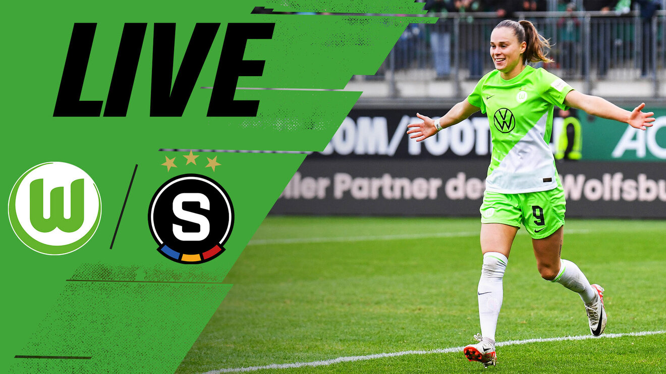 Eva Pajor läuft mit ausgebreiteten Armen über das Spielfeld. Daneben die Logos des VfL Wolfsburg und Sparta Prag sowie der Schriftzug "Live".