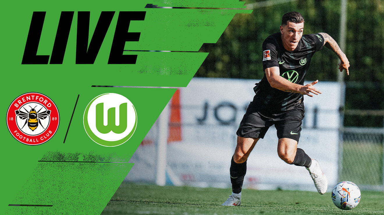 Eine VfL-Wolfsburg-Grafik zum Livestream gegen Brentford mit Cedrick Zesiger auf der rechten Seite.