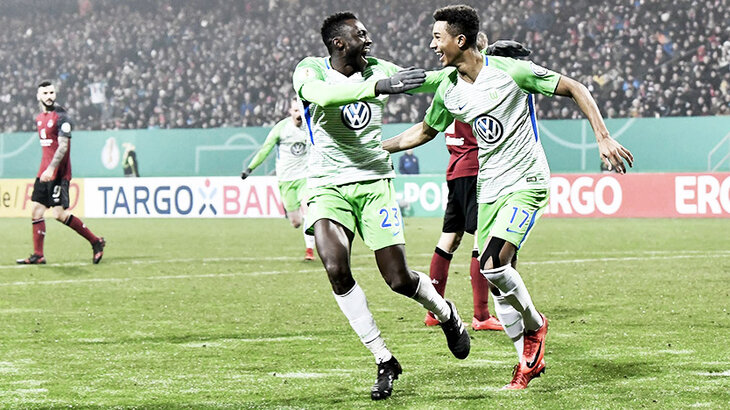 Josuha Guilavogui and Felix Uduokhai celebrate the goal to make it 1-0. 
