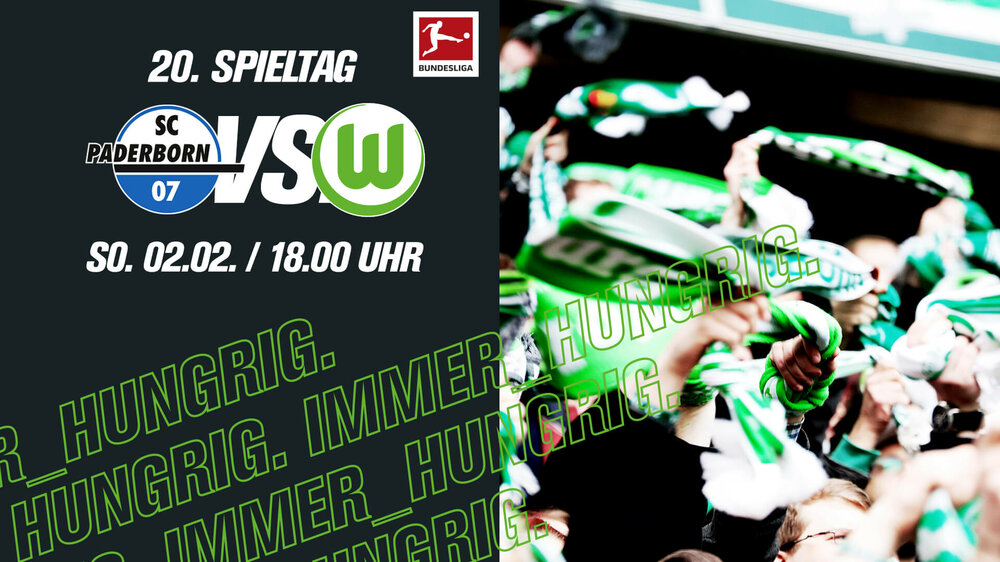 VfL-Fans schwingen Schals - daneben die Logos von Paderborn und Wolfsburg und die Anstosszeit der Partie am 20. Spieltag. 