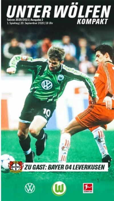 Cover der Wölfe Kompakt Ausgabe zum Spiel des VfL Wolfsburg gegen Bayer Leverkusen.