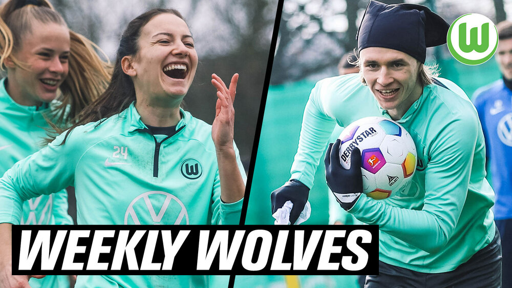 Die VfL-Wolfsburg-Spieler Joelle Wedemeyer und Patrcik Wimmer lachen. Auf dem Textfeld steht der Begriff Weekly Wolves.