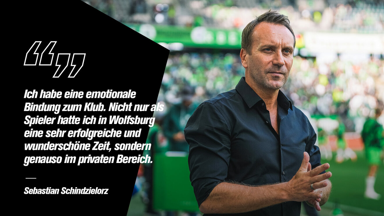 VfL-Wolfsburg-Sportdirektor Sebastian Schindzielorz klatscht in die Hände. Links steht das Zitat "Ich habe eine emotionale Bindung zum Klub. Nicht nur als Spieler hatte ich in Wolfsburg eine sehr erfolgreiche und wunderschöne Zeit, sondern genauso im privaten Bereich.".