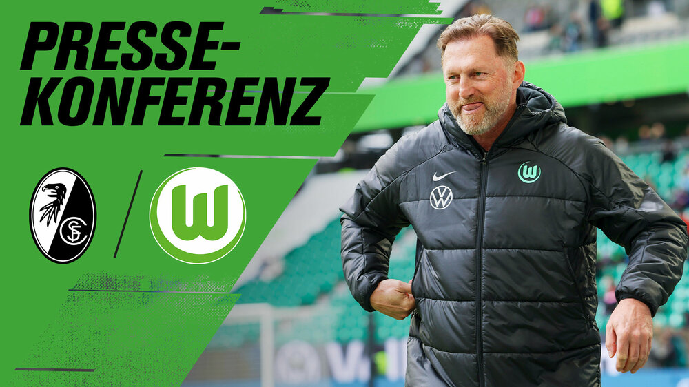 VfL-Wolfsburg-Trainer-Ralph Hasenhüttl daneben der Schriftzug "Pressekonferenz" die Logos von Freiburg und Wolfsburg.