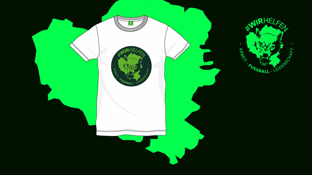 Das #wirhelfen-Shirt auf einer Werbegraphik in grün, wei0 und schwarz. 