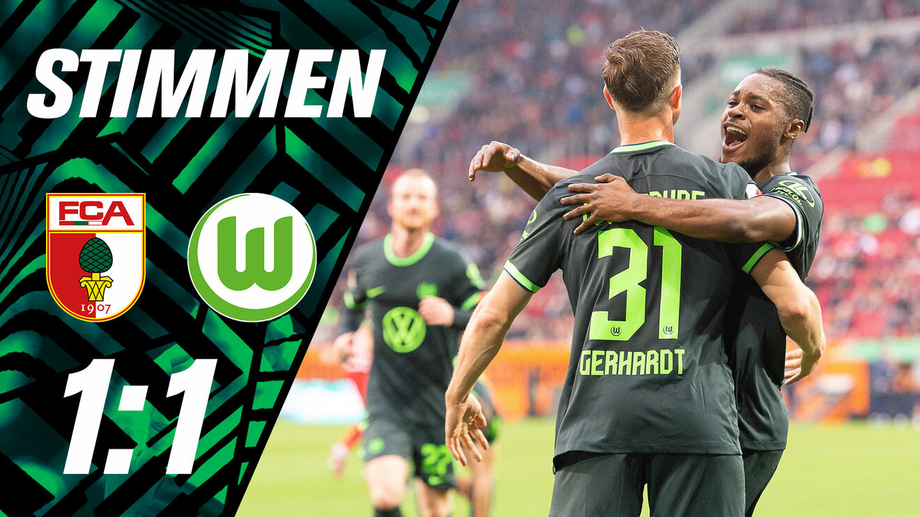 Eine VfL Wolfsburg-Grafik zu den Stimmen gegen Augsburg mit den Logos und den jubelnden Yannick Gerhardt und Ridle Baku.