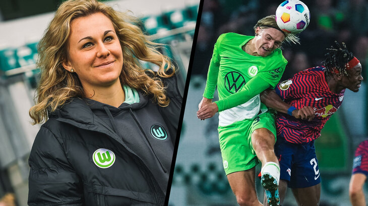 Eine VfL-Wolfsburg-Grafik mit Sebastiaan Bornauw im Zweikampf und Lena Lattwein.