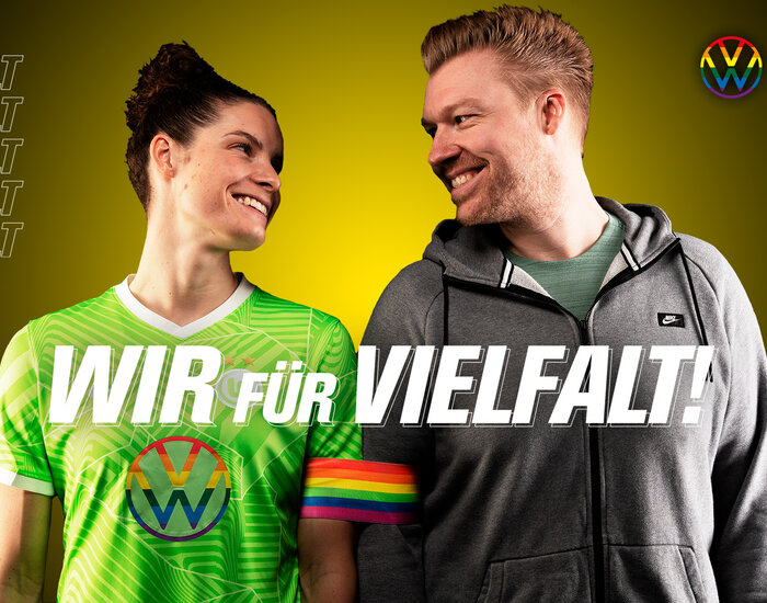 Hintergrundbild mit VfL-Wolfsburg-Spielerin Dominique Janssen zum Thema Vielfalt.