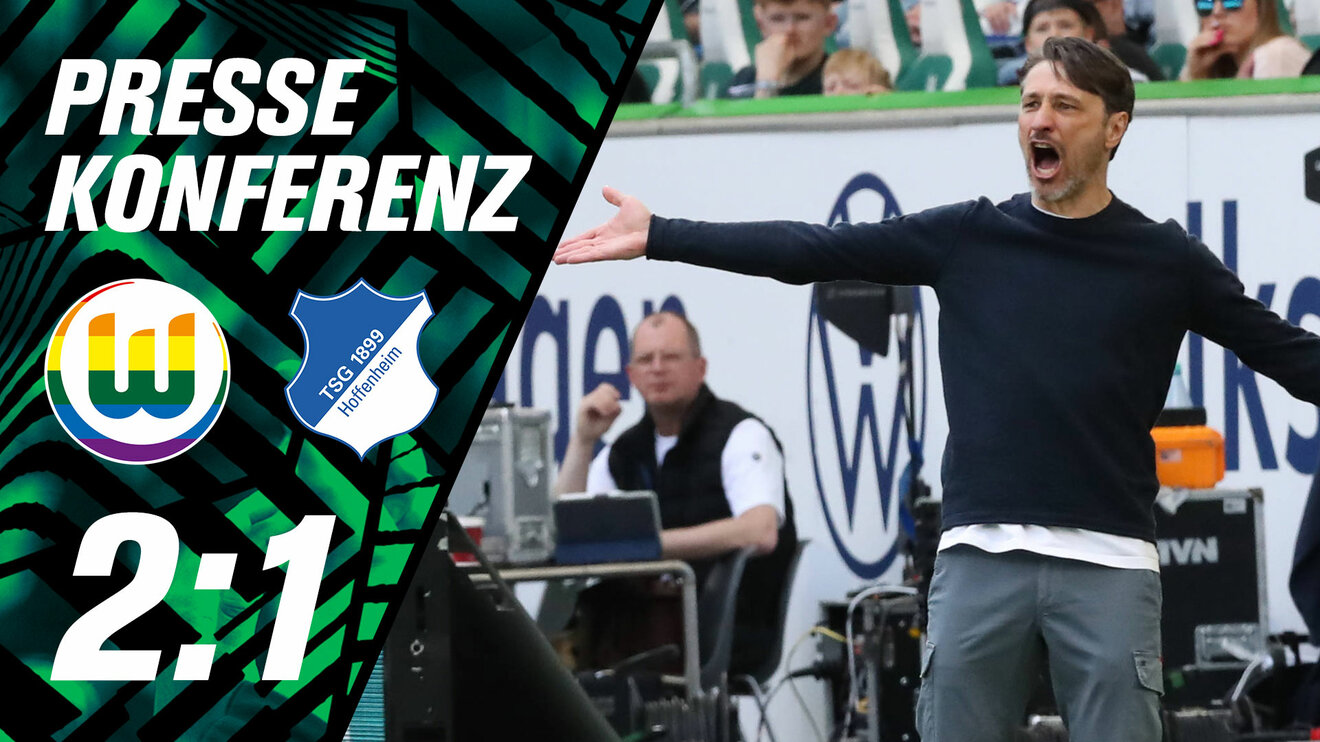 Niko Kovac steht am Spielfeldrand und brüllt. Links sind die Logos des VfL Wolfsburg und Hoffenheim.
