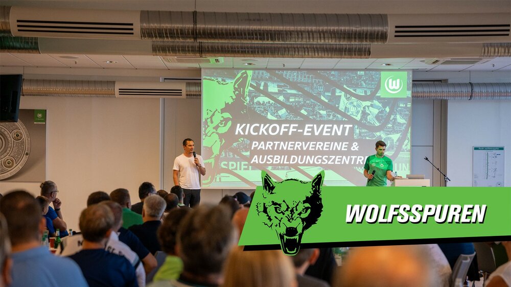 Eine Grafik der Wolfsspuren, die das KickOff-Event des VfL Wolfsburg zum Thema Partnervereine und Ausbildungszentren zeigt.