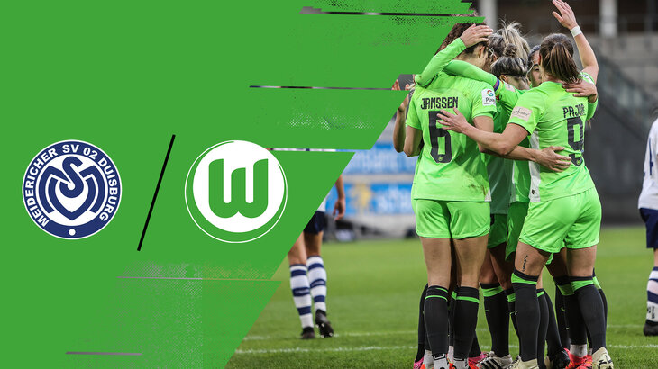 Die Spielerinnen des VfL Wolfsburg umarmen sich und bejubeln ihren Treffer. Daneben die Logos des VfL Wolfsburg und Hoffenheim.