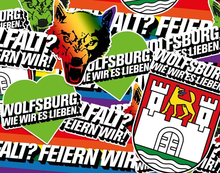 VfL Wolfsburg Vielfaltswallpaper mit verschiedenen Vielfalts-Stickern.